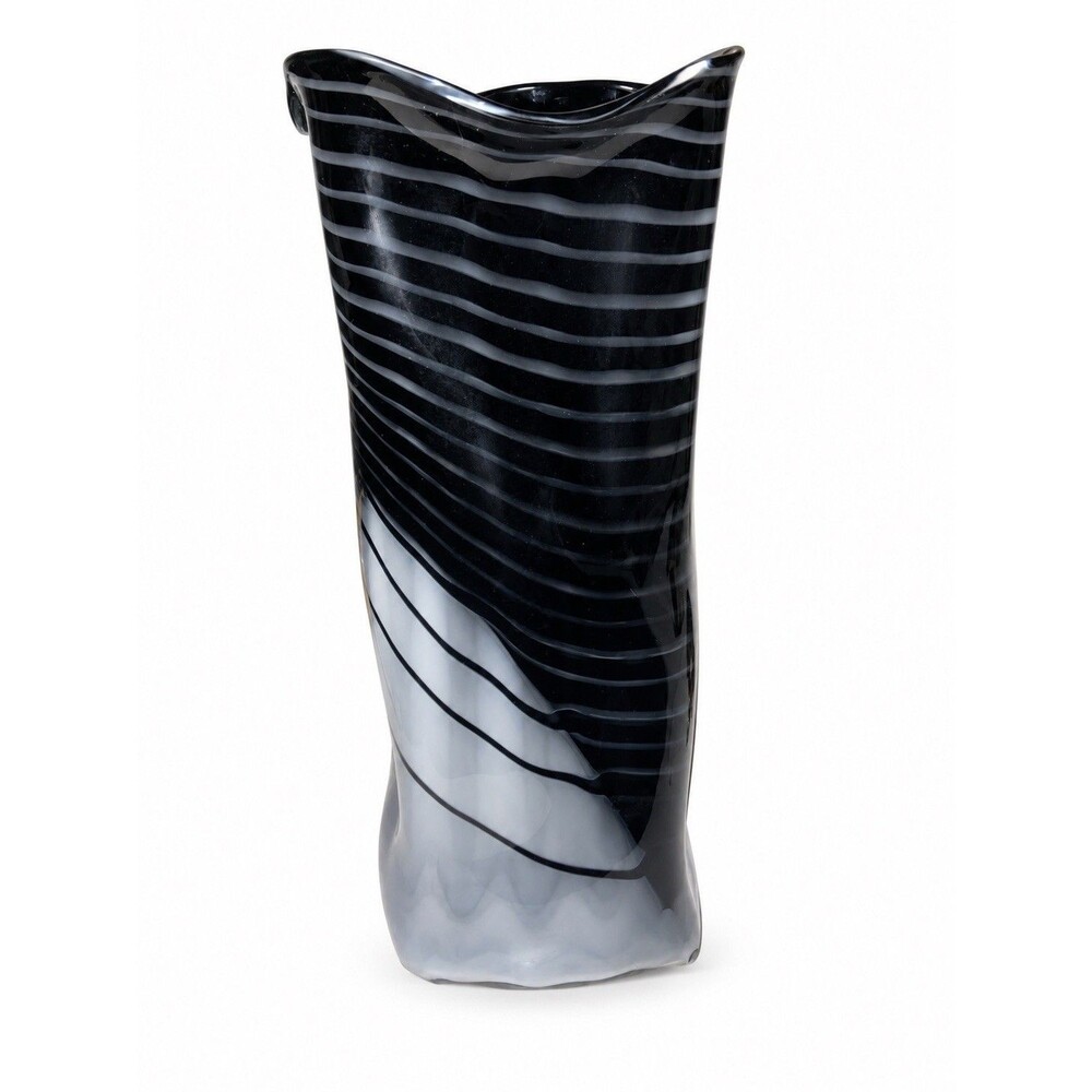 Signed Abstract Black Art Glass Vase - 14”